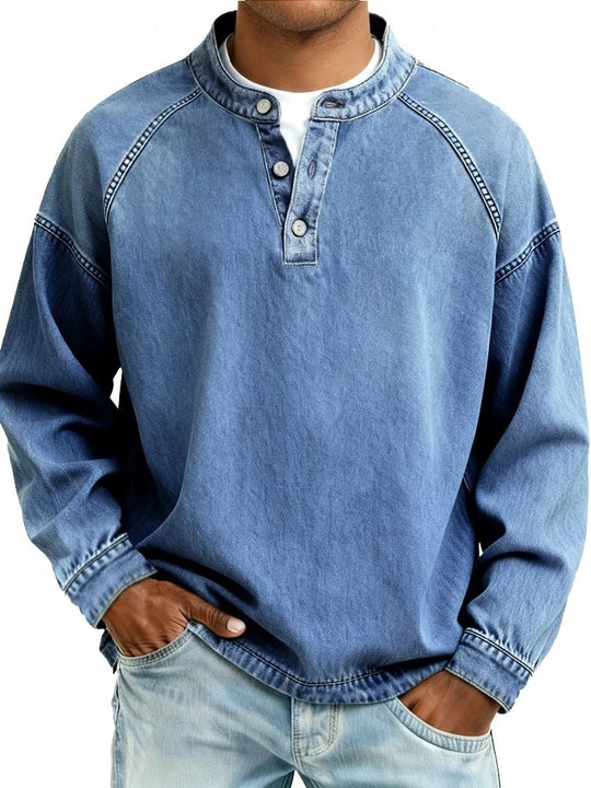 Herren Langarm-Henley Sweatshirt mit Stehkragen und Vintage-Denim-Effekt Nord Taschen