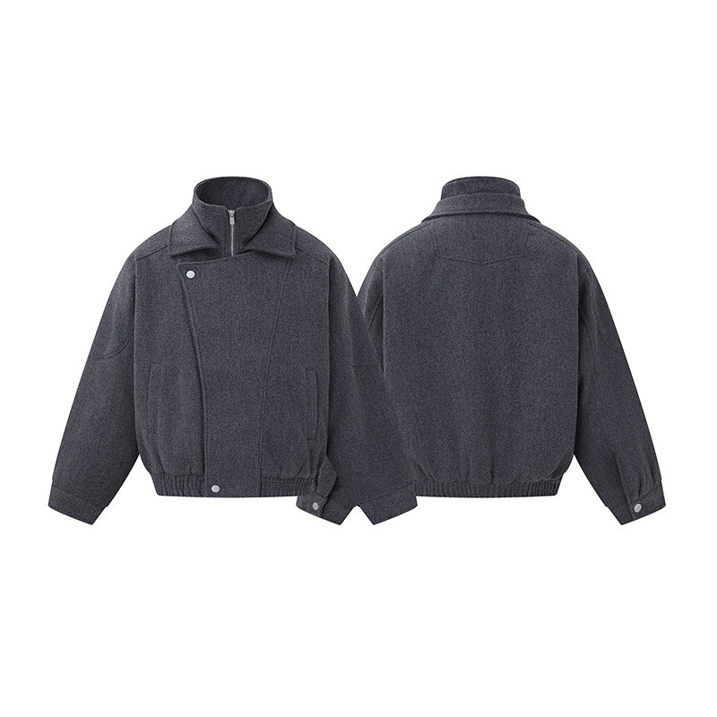 Herren Boxy Wollmix-Blousonjacke mit asymmetrischem Doppelverschluss und hohem Stehkragen Nord Taschen