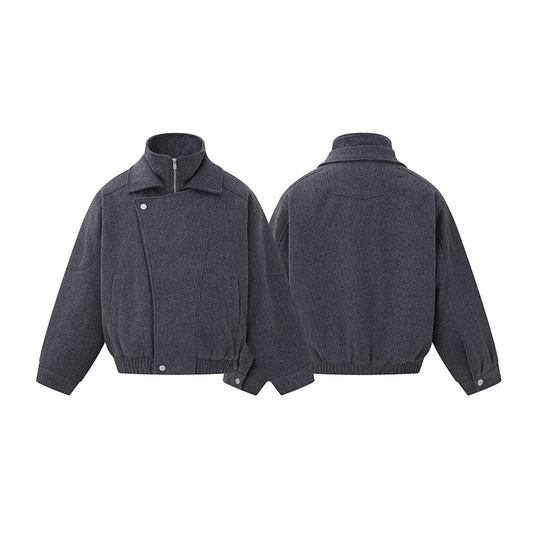 Herren Boxy Wollmix-Blousonjacke mit asymmetrischem Doppelverschluss und hohem Stehkragen Nord Taschen