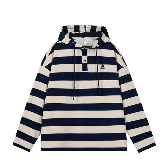 Herren Gestreiftes Kapuzen-Rugbyshirt im Oversize-Schnitt mit Knopfleiste Nord Taschen