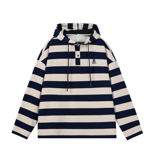 Herren Gestreiftes Kapuzen-Rugbyshirt im Oversize-Schnitt mit Knopfleiste Nord Taschen