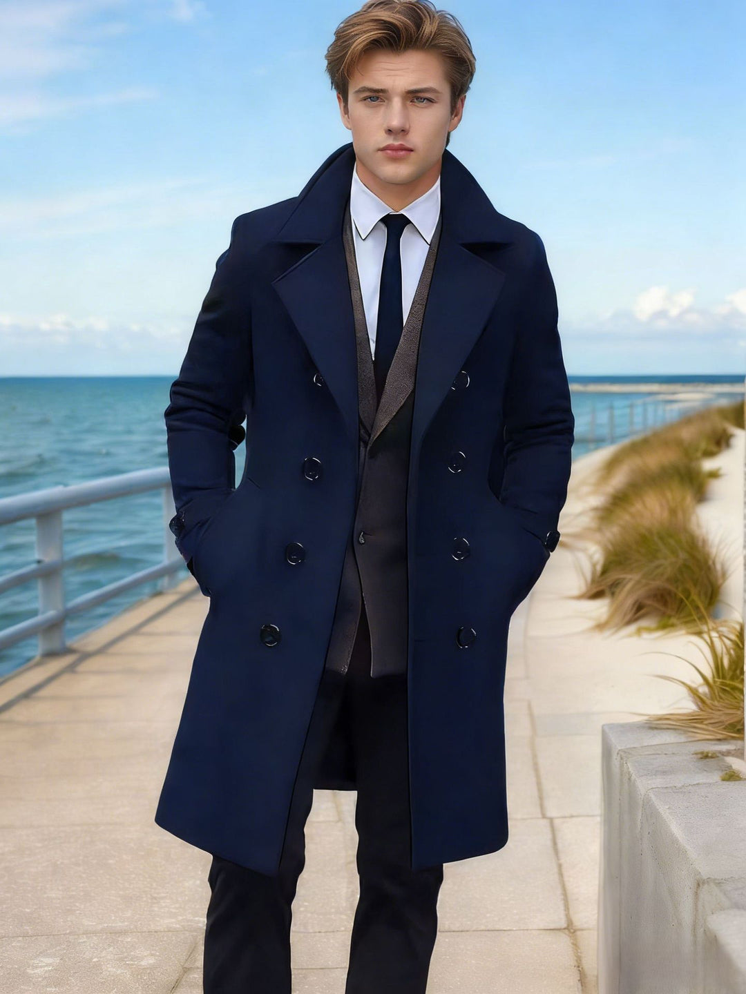Herren Eleganter einreihiger Langmantel aus Wollmix mit schmaler Silhouette und Reverskragen Nord Taschen