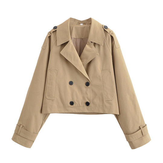 Damen Cropped Manteljacke im Trenchstil mit doppelreihiger Knopfleiste und Schulterklappen Nord Taschen