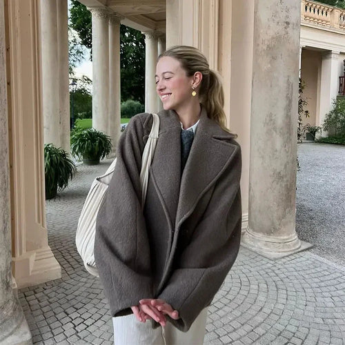 Damen 600+ kurzer oversized Wollmix‑Mantel mit weitem Schnitt und Reverskragen Nord Taschen