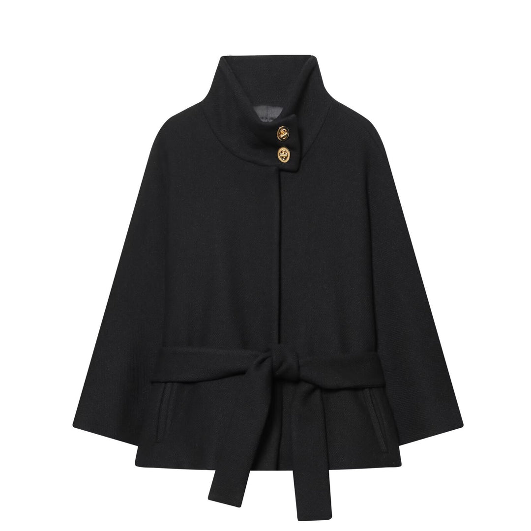 Damen Kurzes Cape‑Mantel mit Stehkragen, Taillengürtel und Zierknöpfen Nord Taschen