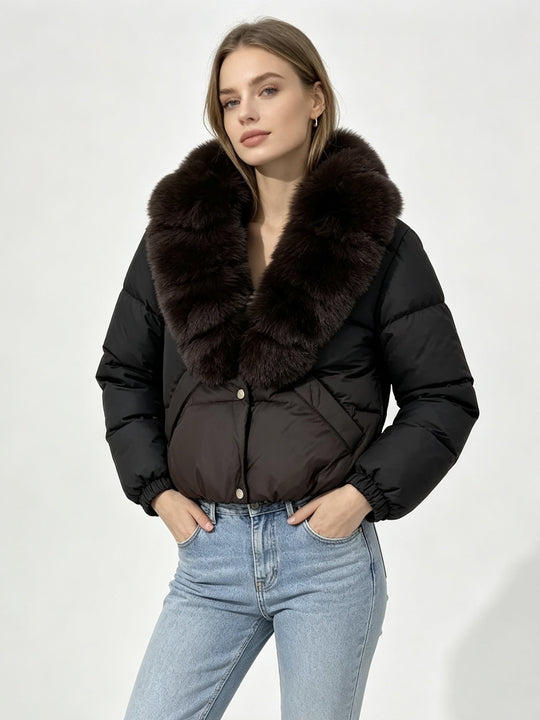 Damen nan kurze wattierte Cropped-Jacke mit extra voluminösem Kunstpelz-Schalkragen und elastischen Bündchen Nord Taschen