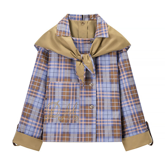 Damen Kurze Jacke mit abnehmbarem Karotuchkragen und bestickter Aufsatztasche Nord Taschen