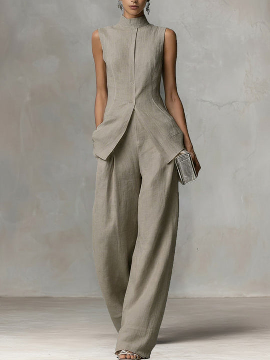 Damen Ärmelloser Leinen-Jumpsuit mit Stehkragen und weitem Bein Nord Taschen
