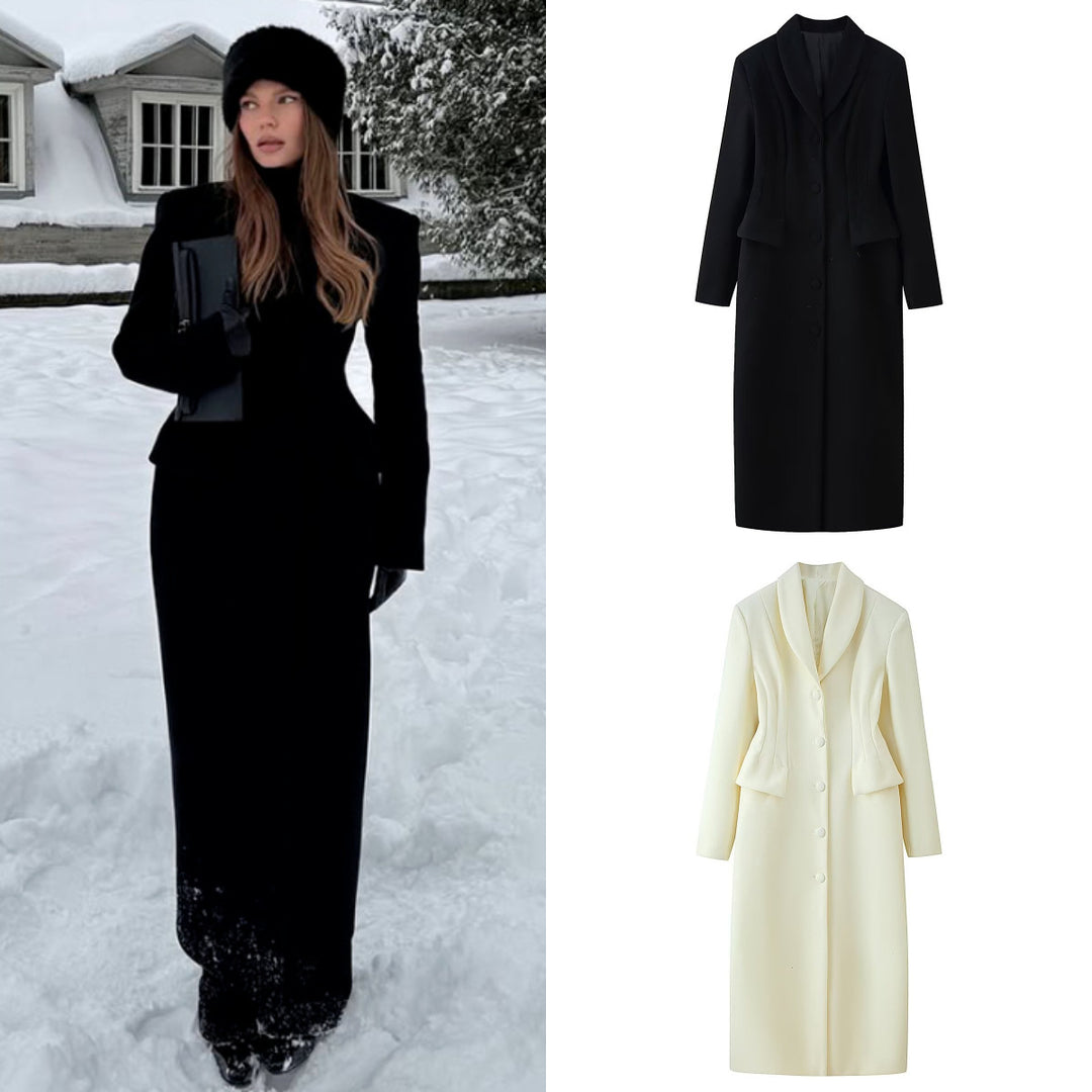 Damen taillierter langer Mantel mit Schalkragen und Peplum-Taille Nord Taschen