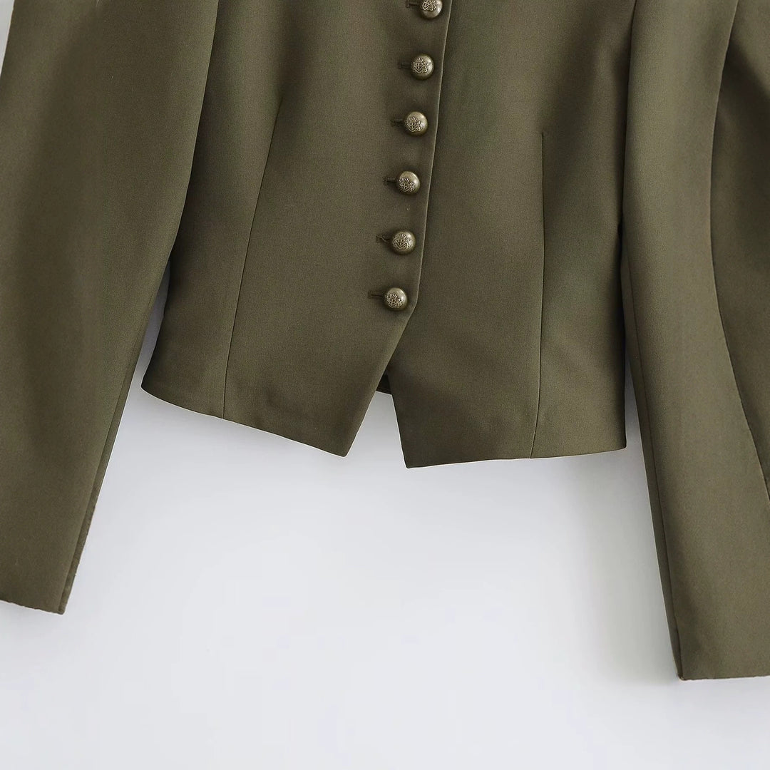 Damen taillierte militärische Kurzjacke mit Stehkragen, Epauletten und verzierten Zierknoten Nord Taschen