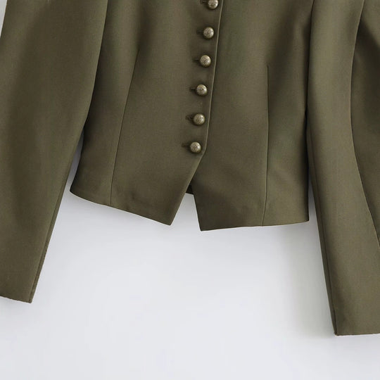 Damen taillierte militärische Kurzjacke mit Stehkragen, Epauletten und verzierten Zierknoten Nord Taschen