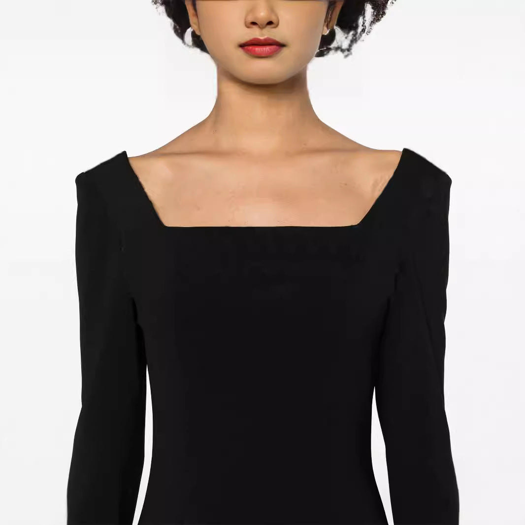 Damen Maxilanges Abendkleid im minimalistischen A-Linien-Schnitt mit quadratischem Ausschnitt und langen Ärmeln Nord Taschen