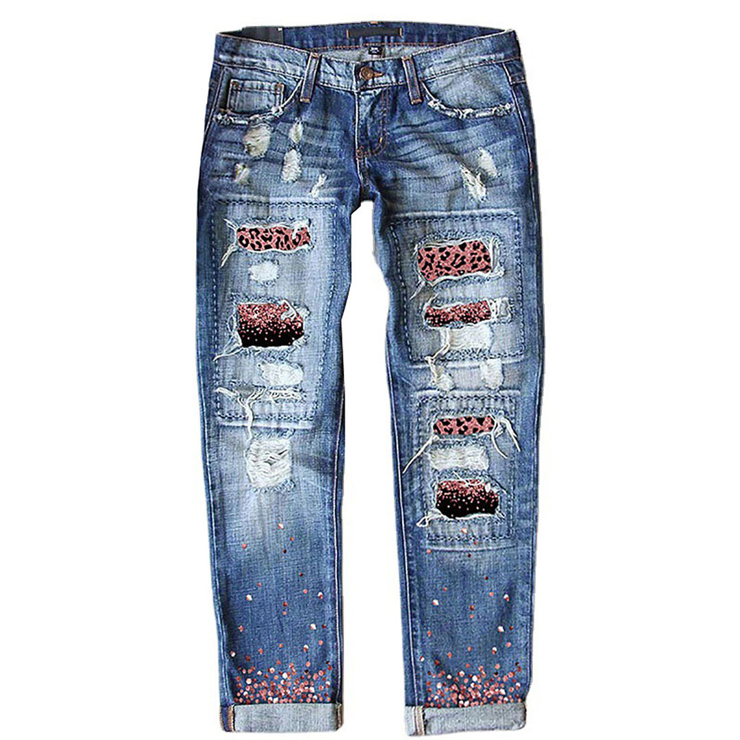 Damen verwaschene schmale Jeans mit Leopardenpatches und Glitzerbesatz Nord Taschen