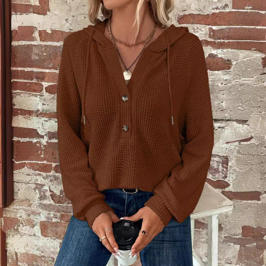 Damen locker geschnittener Waffelstrick Hoodie mit Knopfleiste und Kapuze Nord Taschen