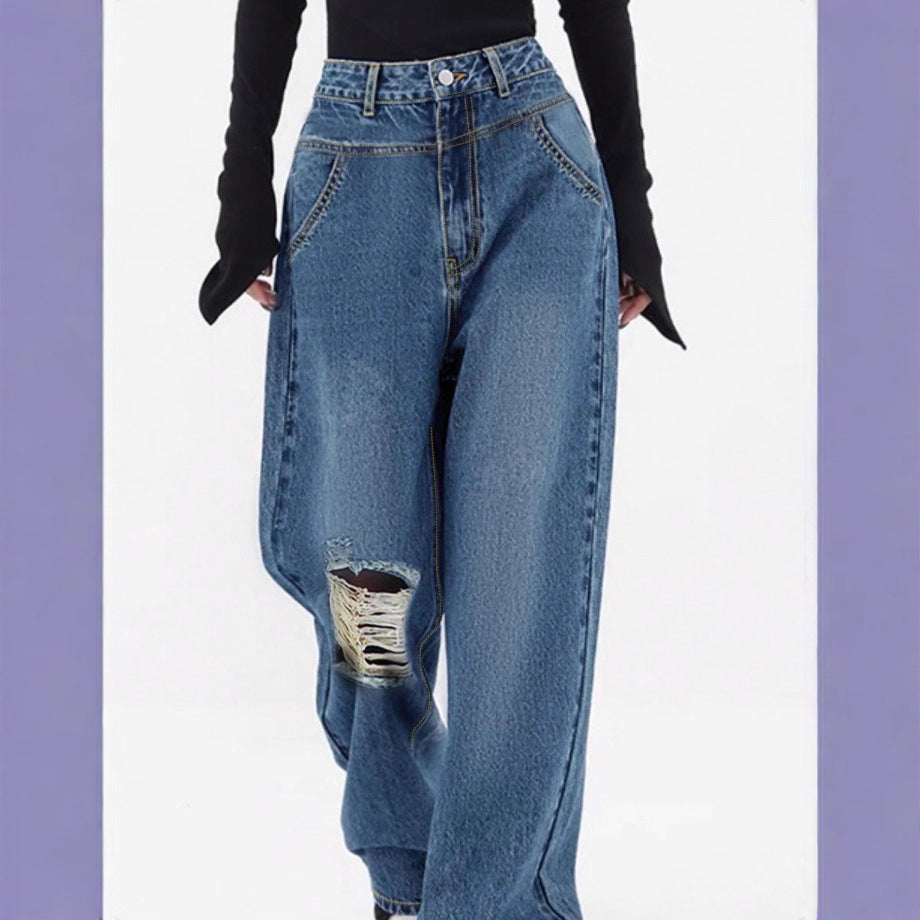 Damen hochtaillierte Oversized-Baggy-Jeans mit Knie-Rip und weitem Bein Nord Taschen