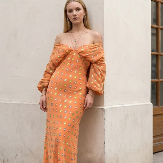 Damen Elegantes Off-Shoulder Maxikleid mit gedrehtem Vorderteil und Ballonärmeln Nord Taschen