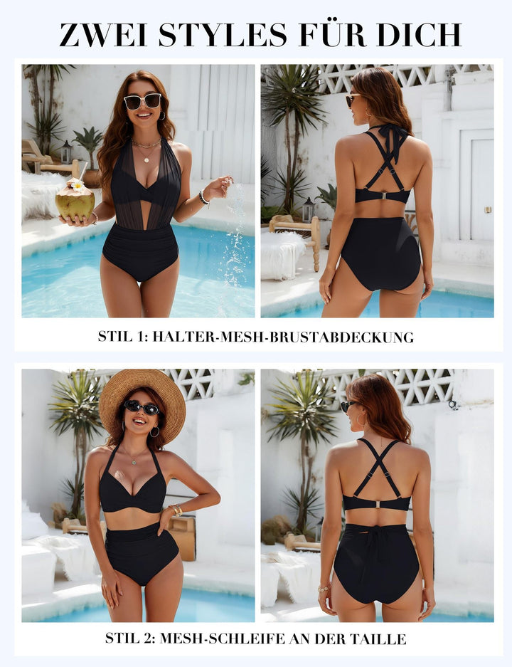 Damen Eleganter Badeanzug mit transparenter Plissee-Optik