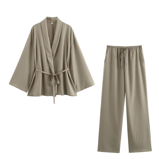 Damen Kimono-Jacke mit Wickelgürtel, weitem Schnitt und Schalkragen Nord Taschen