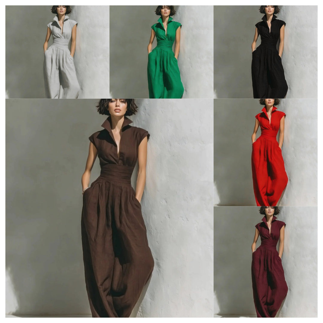 Damen Jumpsuit mit weitem Bein, tailliertem Wickelbund und Stehkragen Nord Taschen