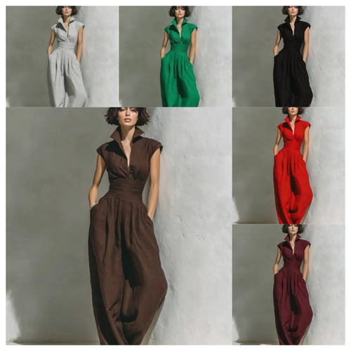 Damen Jumpsuit mit weitem Bein, tailliertem Wickelbund und Stehkragen Nord Taschen