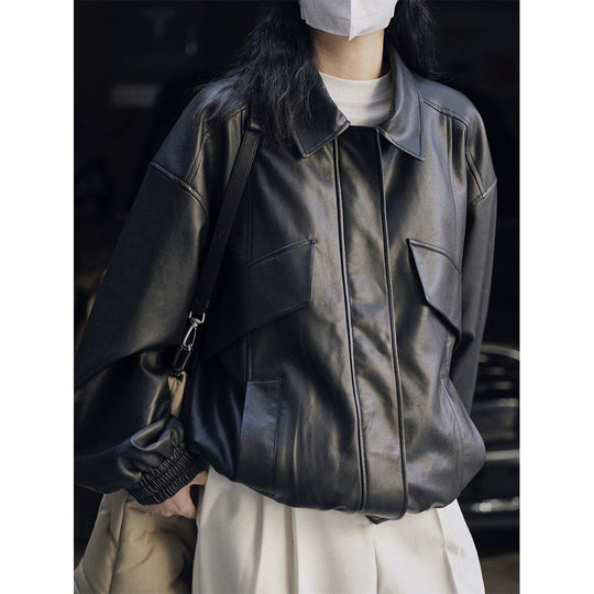 Damen Oversize-Lederoptik-Bomberjacke mit Pattentaschen und elastischem Saum Nord Taschen