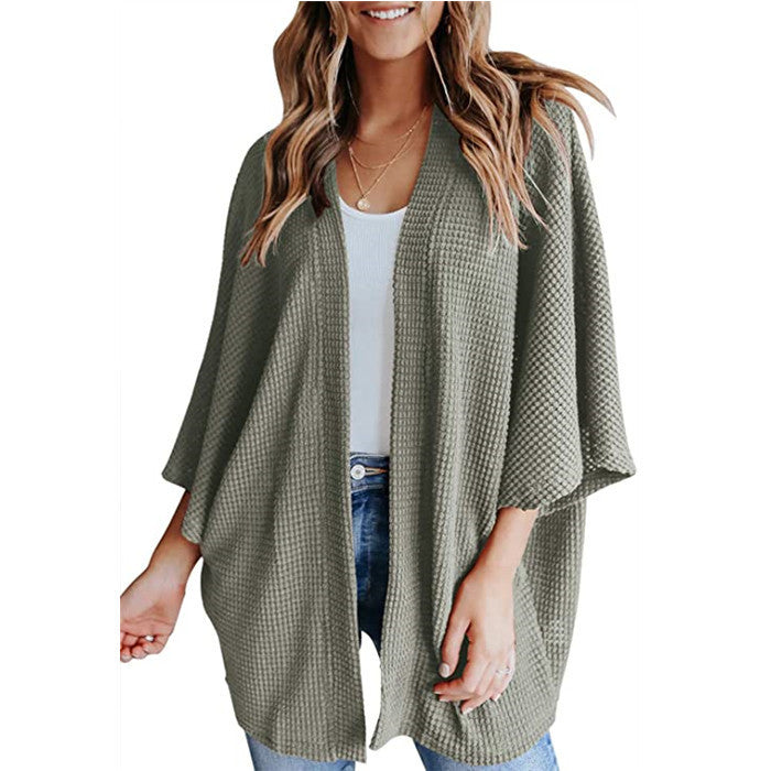 Damen Waffelstrick Offener Kimono-Cardigan mit Fledermausärmeln Nord Taschen