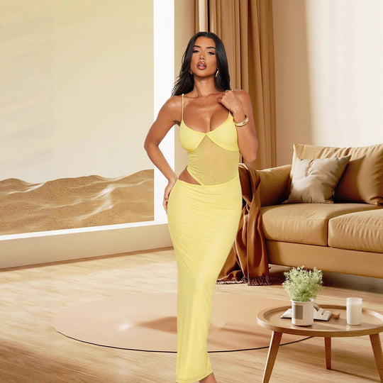 Damen Elegantes Stretch-Maxikleid mit transparenten Einsätzen und spaghetti Trägern