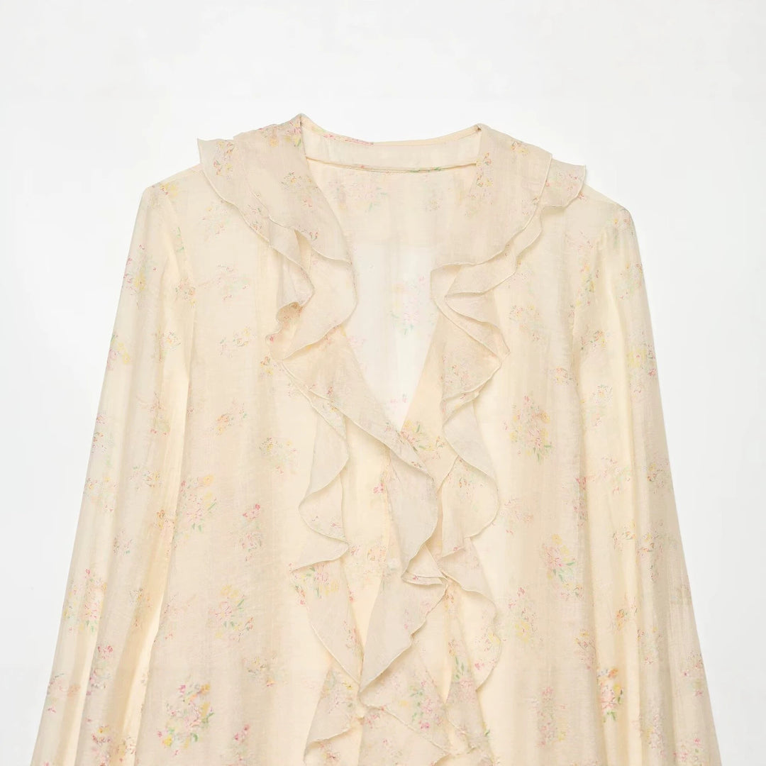 Damen Chiffon-Bluse mit Volantfront, Bindebündchen und gerafften Manschetten Nord Taschen