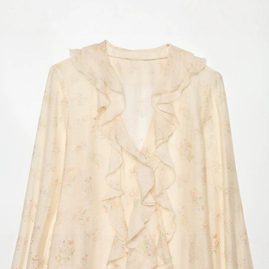 Damen Chiffon-Bluse mit Volantfront, Bindebündchen und gerafften Manschetten Nord Taschen