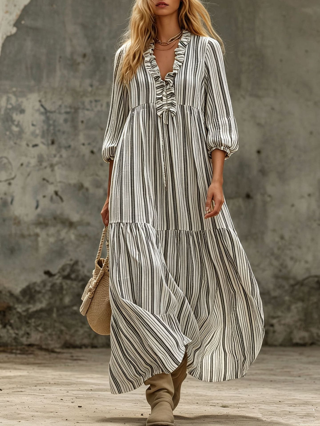 Damen Maxikleid mit Rüschen-V-Ausschnitt und Ballonärmeln Nord Taschen