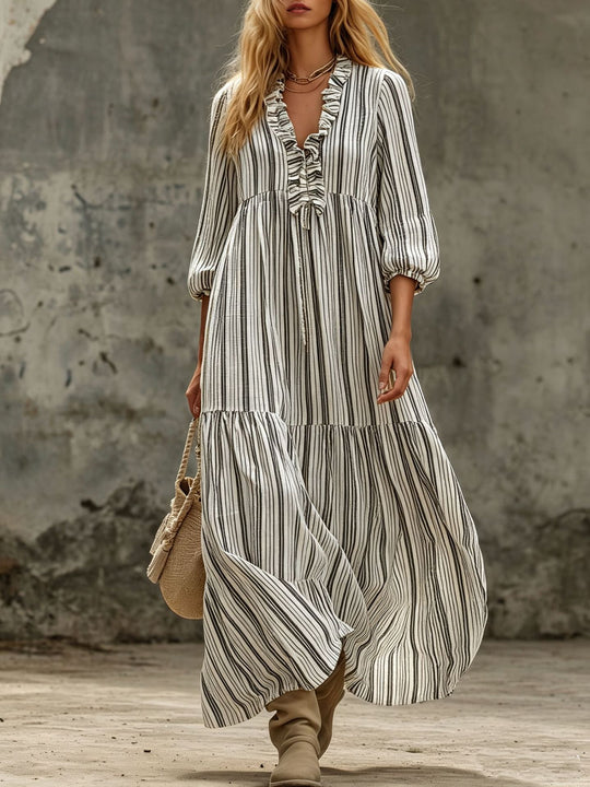 Damen Maxikleid mit Rüschen-V-Ausschnitt und Ballonärmeln Nord Taschen
