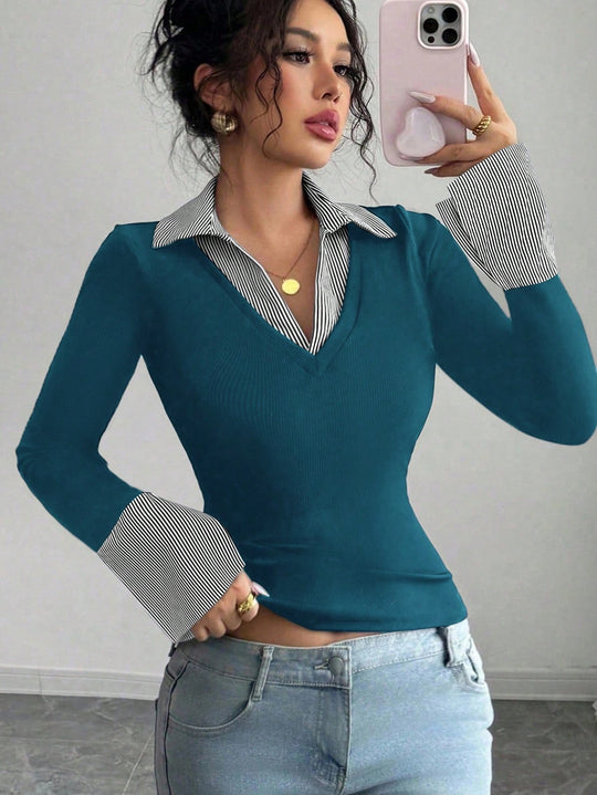 Damen Feinstrick-Pullover mit integriertem Hemdkragen und gestreiften Manschetten Nord Taschen