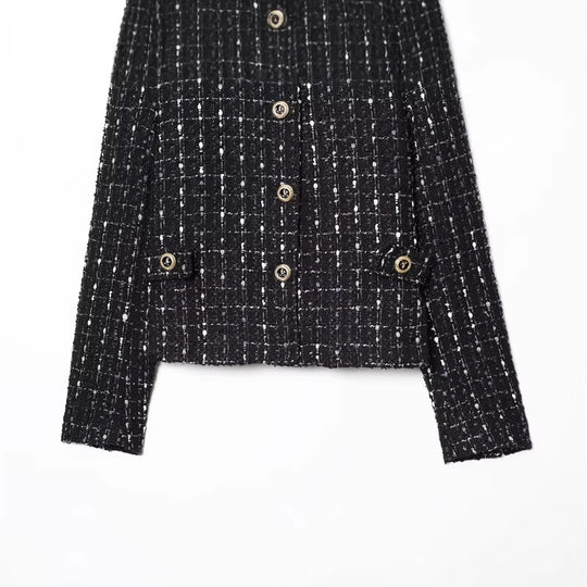Damen kurze Bouclé‑Tweed‑Jacke mit Stehkragen, Zierknöpfen und Pattentaschen Nord Taschen