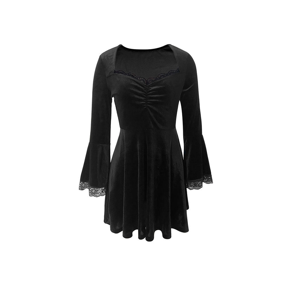 Damen Samt-Kleid mit gerafftem Bustier, quadratischem Ausschnitt und Spitzen-Glockenärmeln Nord Taschen