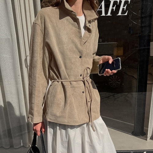 Damen Oversize Velourslederoptik-Utility-Jacke mit Tunnelzugtaillierung Nord Taschen
