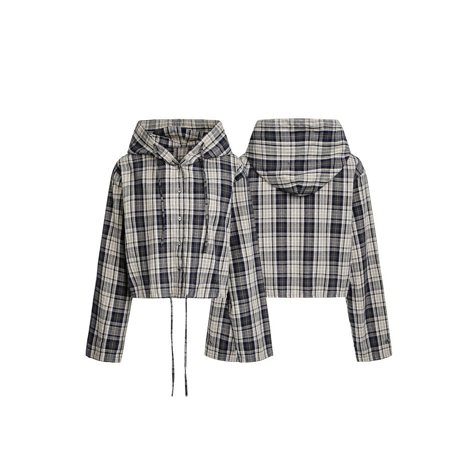 Damen Kurz geschnittene Kapuzen-Hemdjacke im Karo-Look mit Tunnelzugsaum Nord Taschen