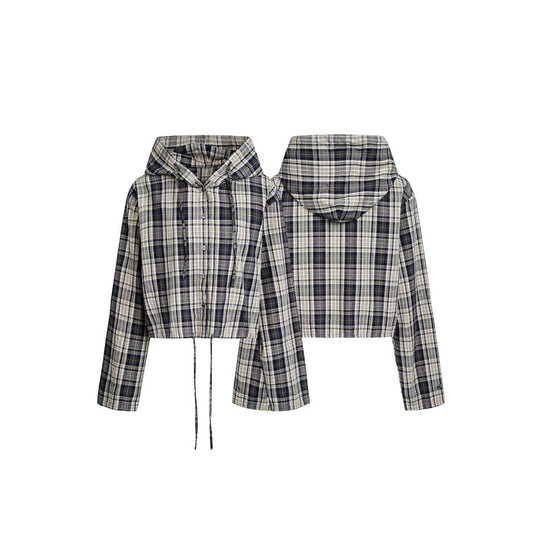 Damen Kurz geschnittene Kapuzen-Hemdjacke im Karo-Look mit Tunnelzugsaum Nord Taschen