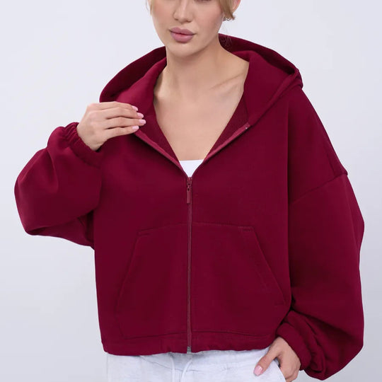 Damen legeres Cropped-Fleece-Hoodie mit Tunnelzugbund, Raglanärmeln und Reißverschluss Nord Taschen