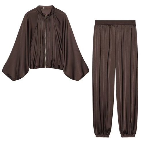 Damen Kurz geschnittene Satin‑Bomberjacke mit weitem Fledermausärmeln und Falten-Detail Nord Taschen