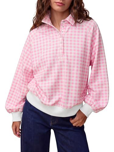 Damen Kariertes Oversize-Polo-Sweatshirt mit Ballonärmeln Nord Taschen