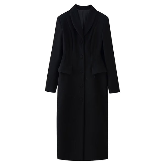 Damen taillierter langer Mantel mit Schalkragen und Peplum-Taille Nord Taschen
