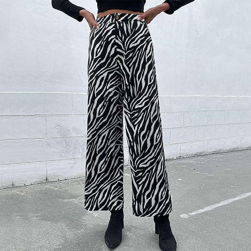 Damen Weite Palazzo-Hose mit Animal-Zebra-Muster, hohem Bund und Gürtelschlaufen Nord Taschen