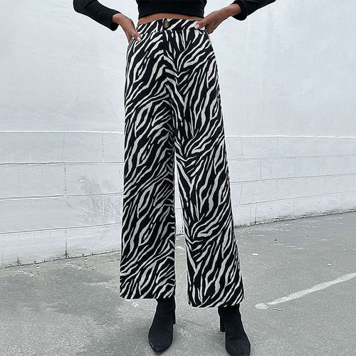 Damen Weite Palazzo-Hose mit Animal-Zebra-Muster, hohem Bund und Gürtelschlaufen Nord Taschen