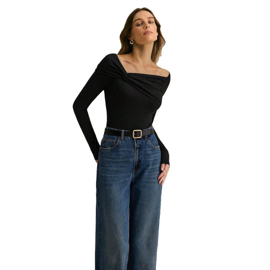 Damen asymmetrisches Off-Shoulder-Drapiertes Langarmshirt mit Knoten-Detail Nord Taschen