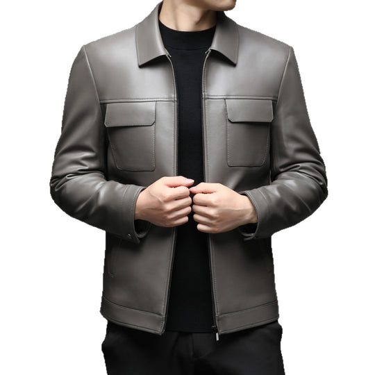 Herren Glatte Lederjacke im klassischen Hemdkragenstil mit verdecktem Reißverschluss und aufgesetzten Brusttaschen Nord Taschen