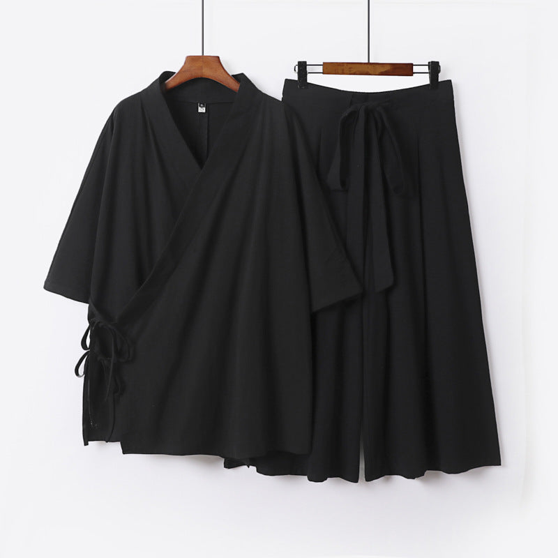 Damen Kimono-Loungewear-Set aus leichter Viskose mit Wickeloberteil und weitem Culotte-Hosenrock Nord Taschen