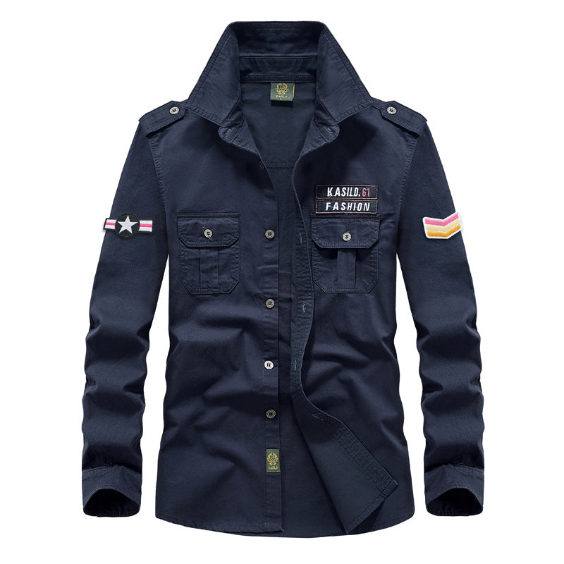 Herren  militärisches Langarm-Utility-Hemd mit aufgesetzten Brusttaschen, Schulterklappen und dekorativen Stickpatches Nord Taschen