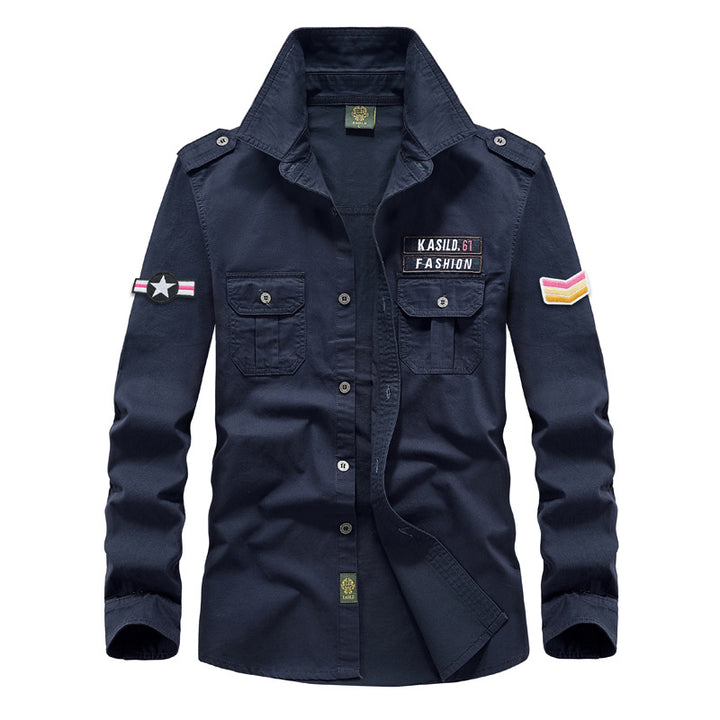 Herren  militärisches Langarm-Utility-Hemd mit aufgesetzten Brusttaschen, Schulterklappen und dekorativen Stickpatches Nord Taschen