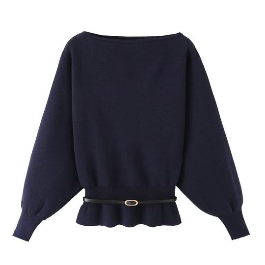 Damen Strickpullover mit U-Boot-Ausschnitt, Ballonärmeln und tailliertem Rüschenbund Nord Taschen
