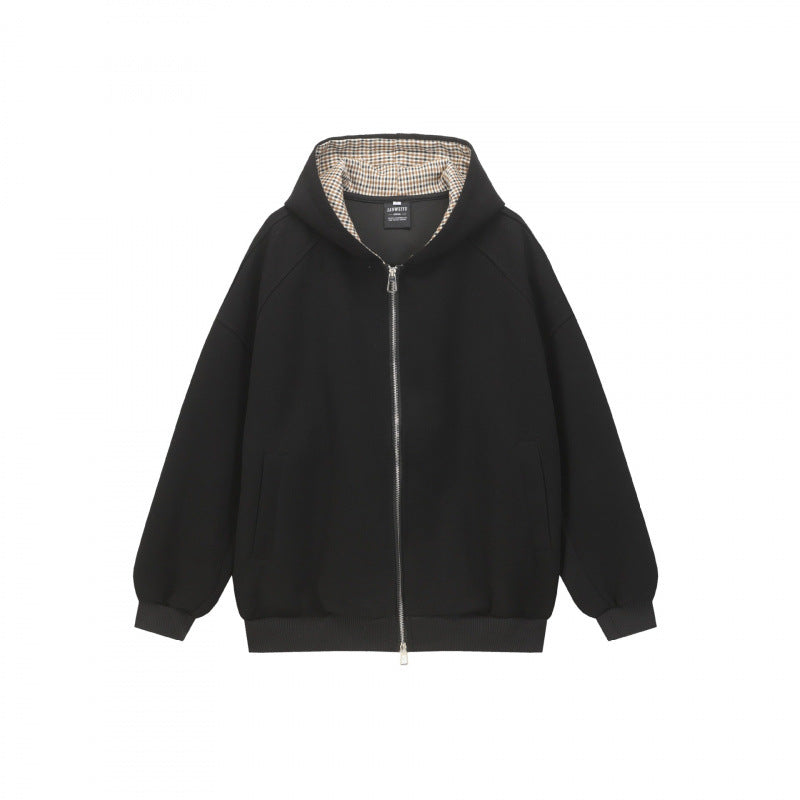 Unisex Oversize Kapuzen-Sweatjacke mit Karofutter, durchgehendem Reißverschluss und geripptem Saum Nord Taschen